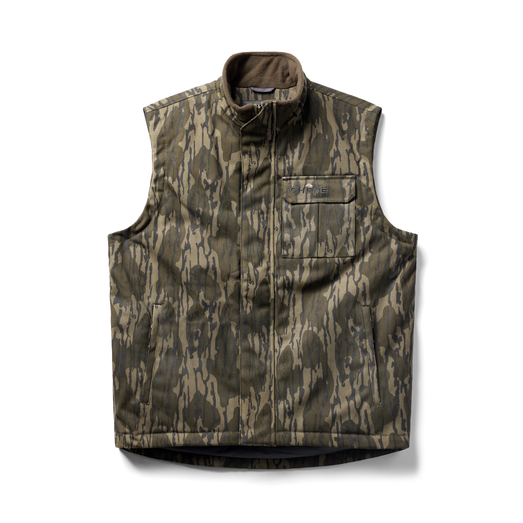 Waxed Canvas Goose Down Vest in Mossy Oak Original Bottomland, flat lay #mossy_oak_original_bottomland