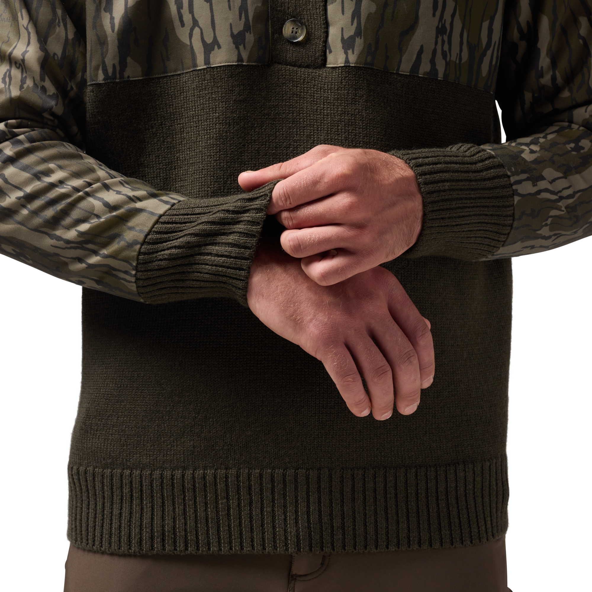 Waxed Canvas Sweater in Mossy Oak Original Bottomland, on model #mossy_oak_original_bottomland
