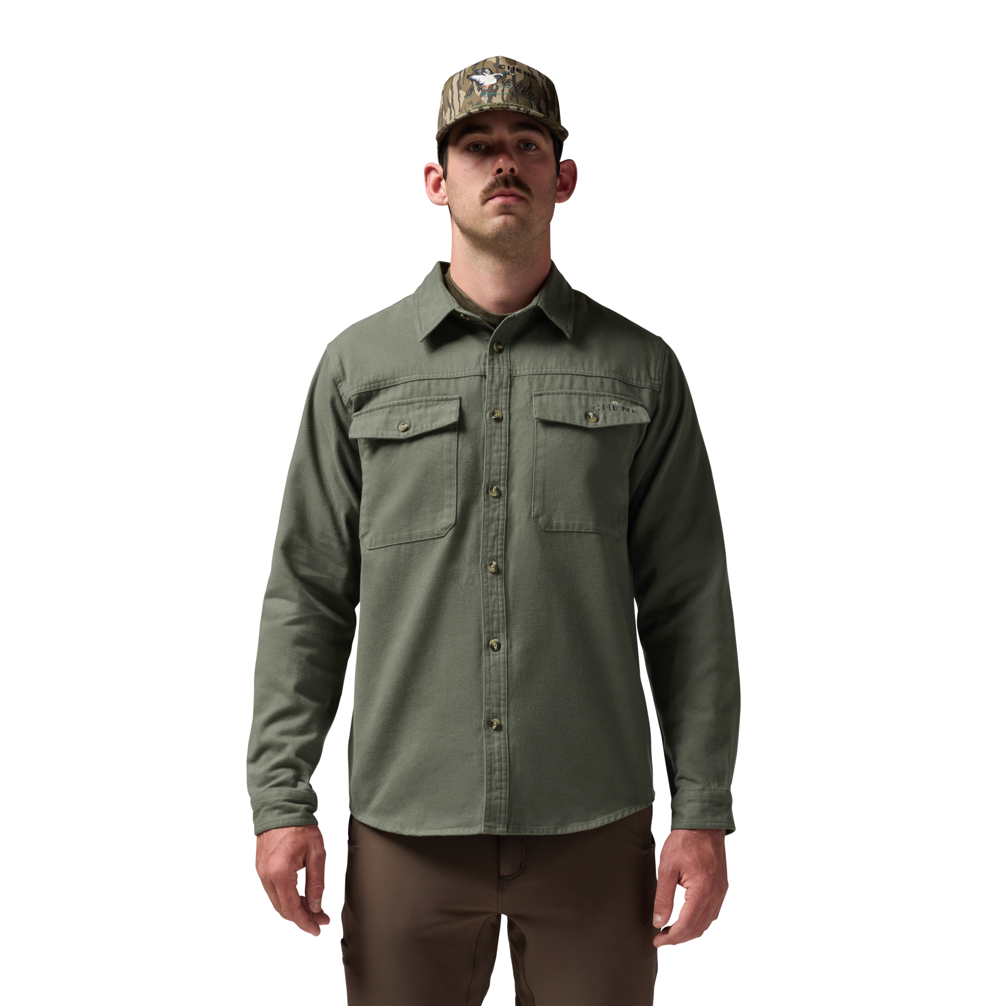 Waterfowler Moleskin Shirt in Moss, on model #moss