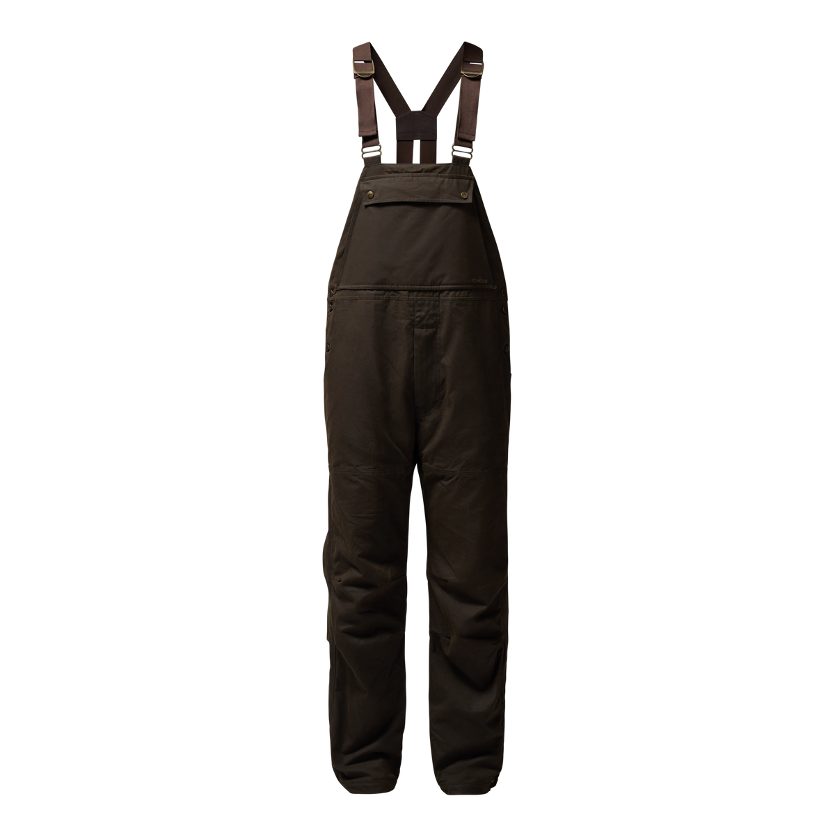 Founders' Reserve Waxed Bib in Dark Olive, front view #dark_olive