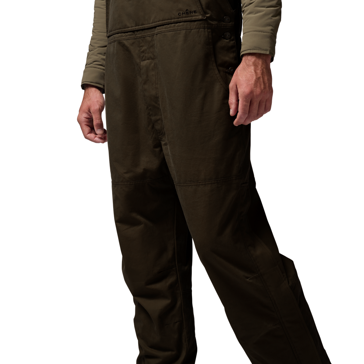 Founders' Reserve Waxed Bib in Dark Olive, on model #dark_olive