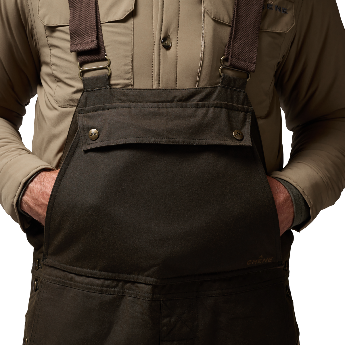 Founders' Reserve Waxed Bib in Dark Olive, on model #dark_olive