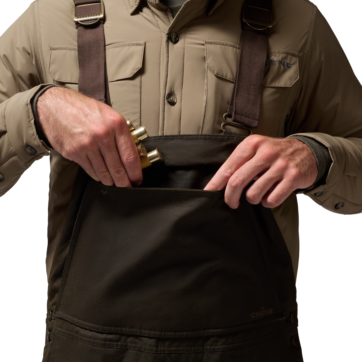 Founders' Reserve Waxed Bib in Dark Olive, on model #dark_olive