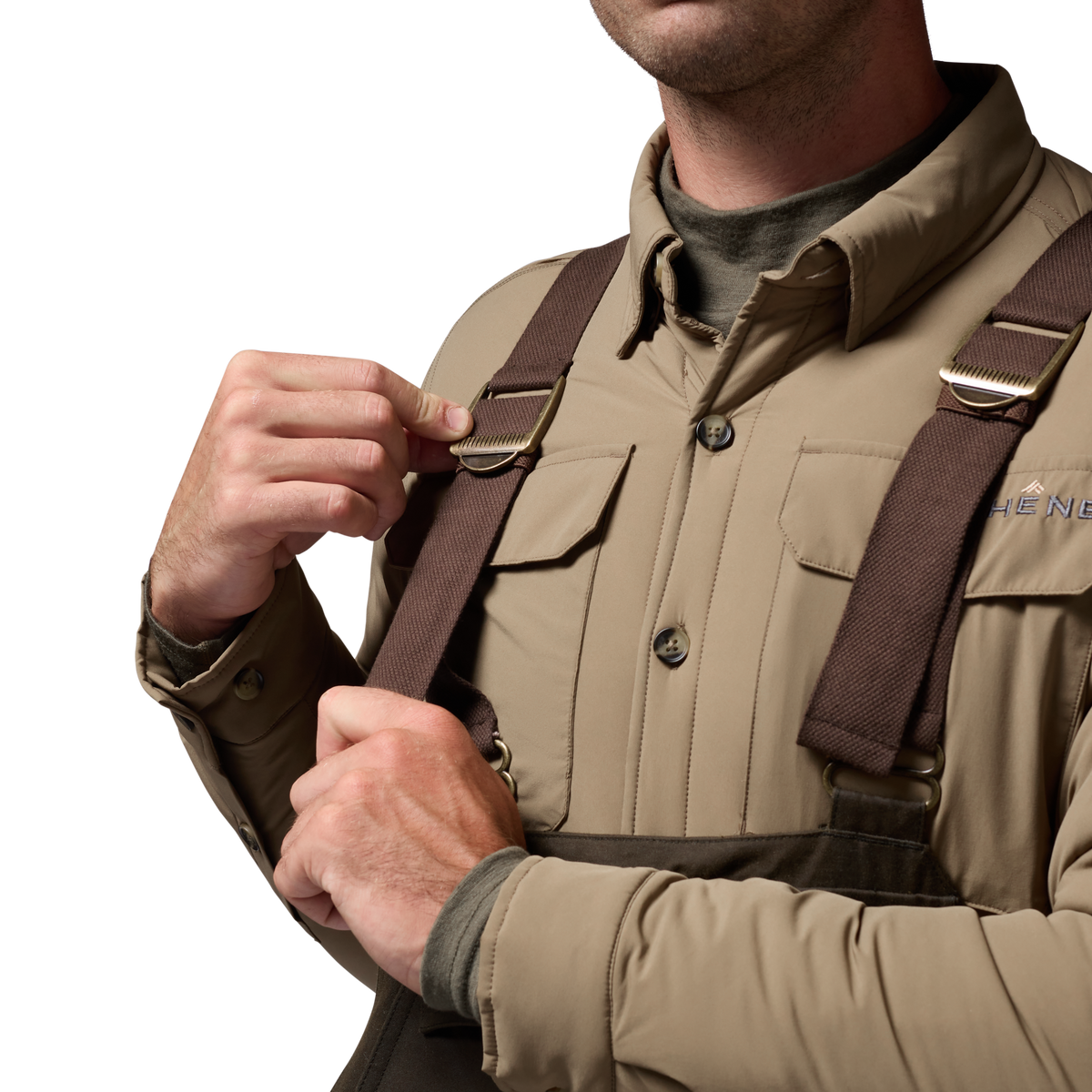 Founders' Reserve Waxed Bib in Dark Olive, on model #dark_olive