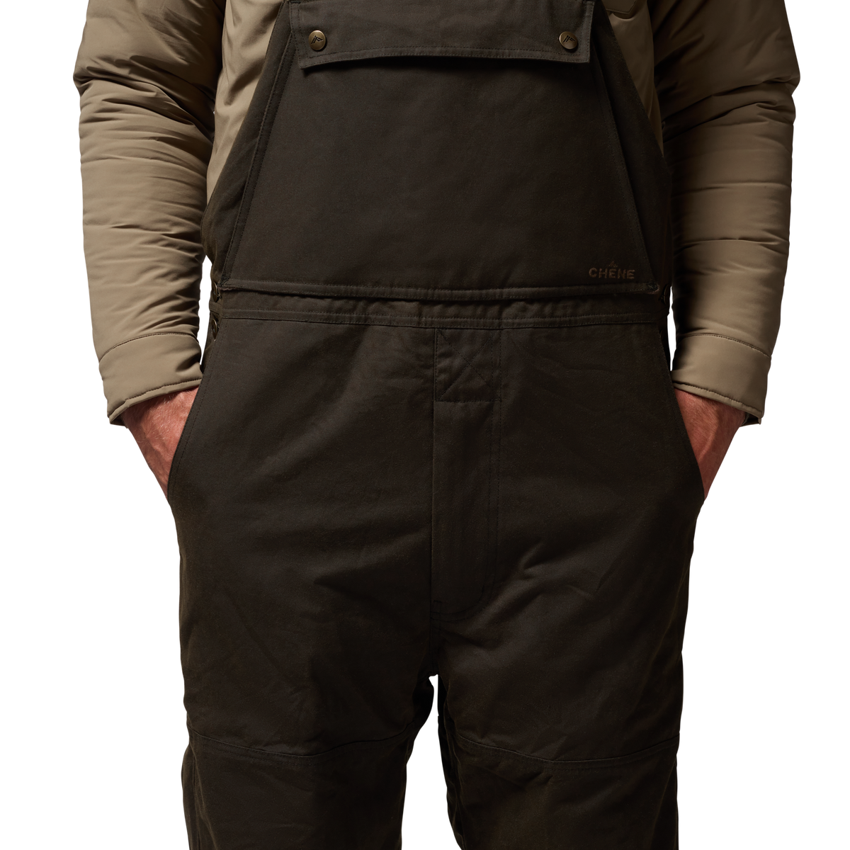 Founders' Reserve Waxed Bib in Dark Olive, on model #dark_olive