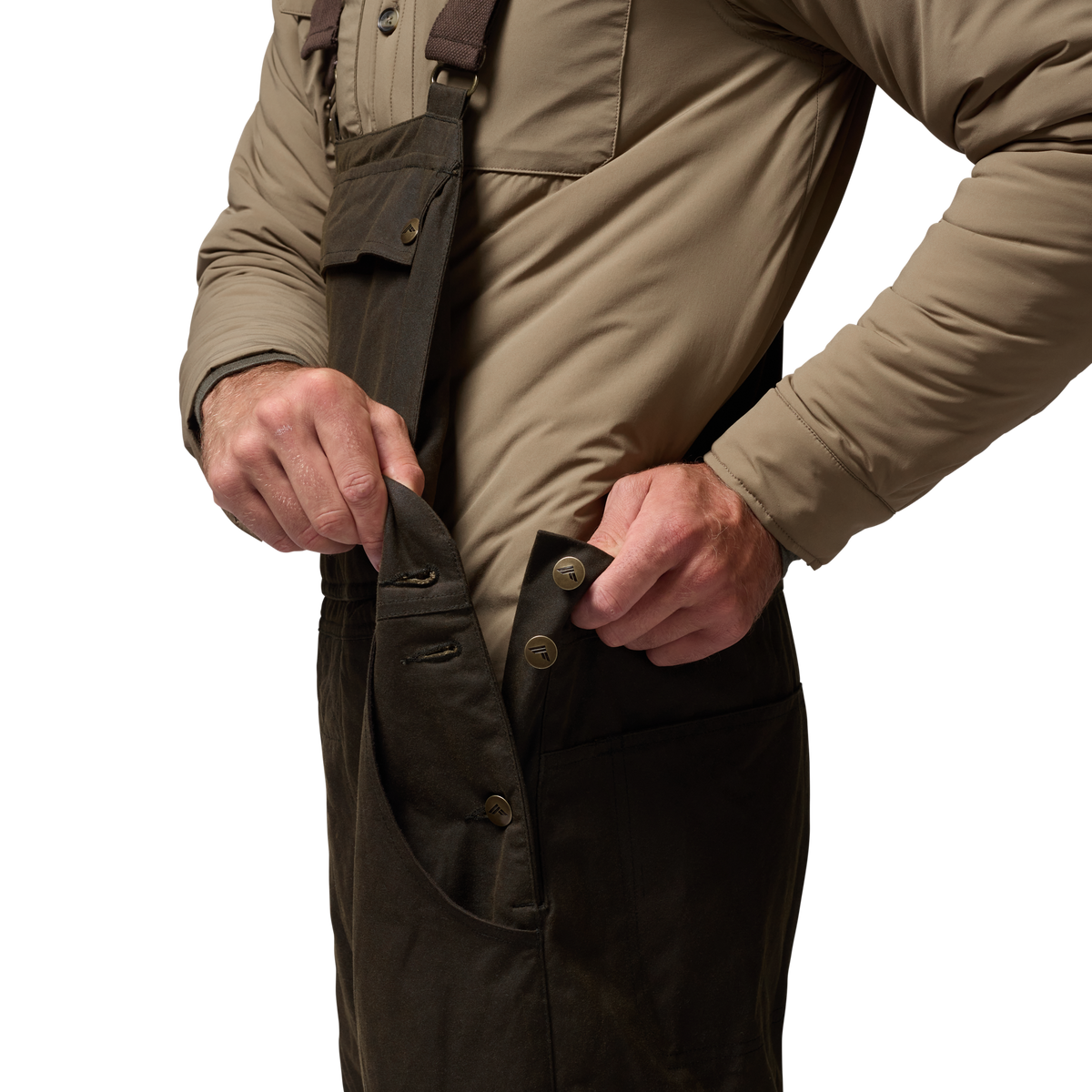 Founders' Reserve Waxed Bib in Dark Olive, on model #dark_olive