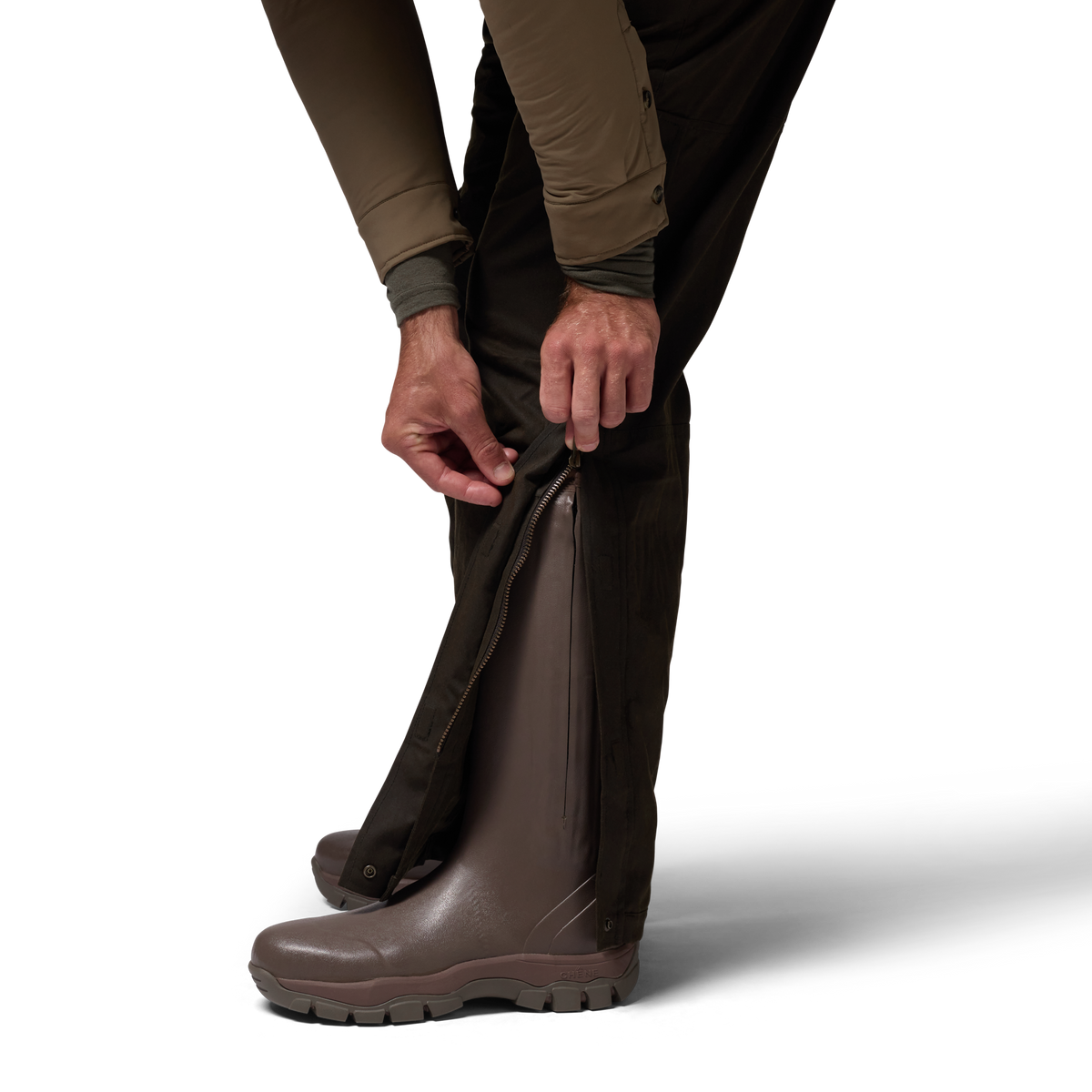 Founders' Reserve Waxed Bib in Dark Olive, on model #dark_olive