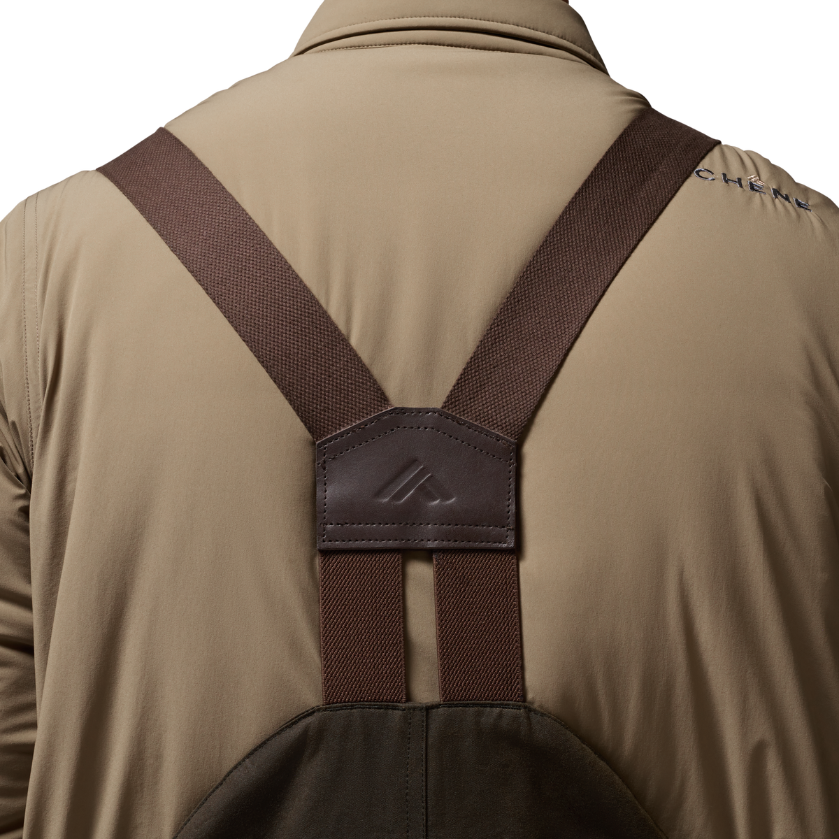 Founders' Reserve Waxed Bib in Dark Olive, on model #dark_olive