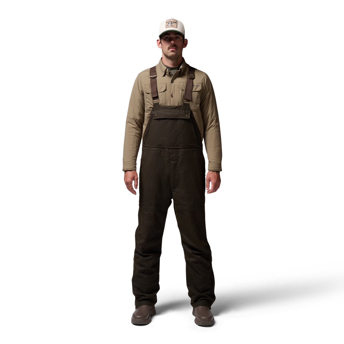 Founders' Reserve Waxed Bib in Dark Olive, on model #dark_olive