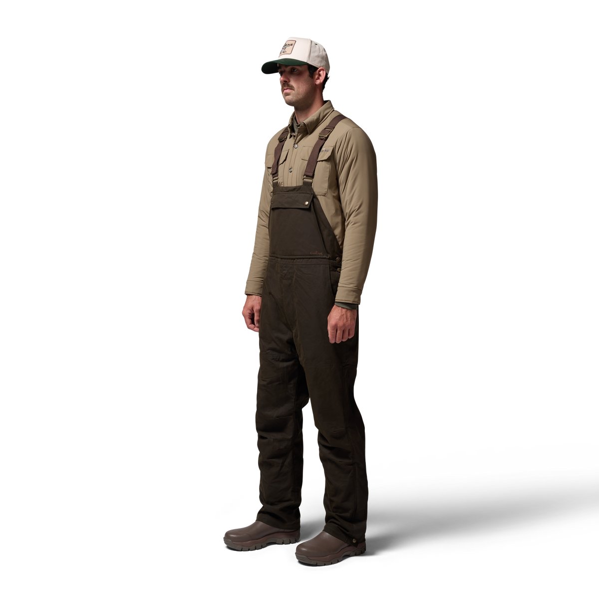 Founders' Reserve Waxed Bib in Dark Olive, on model #dark_olive