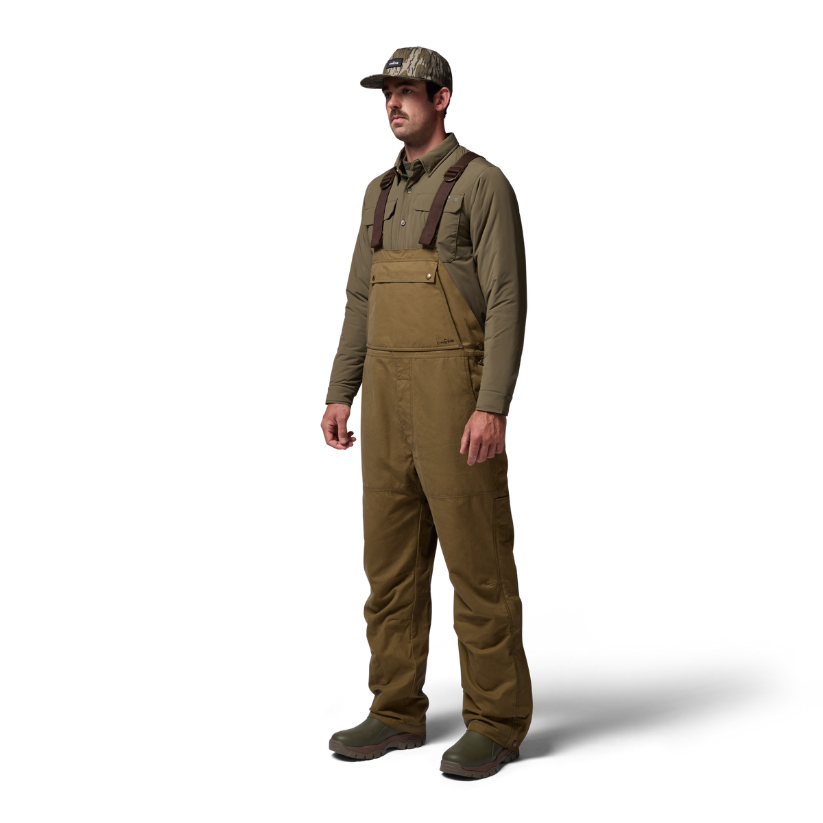 Founders' Reserve Waxed Bib in Field Khaki, on model #field_khaki