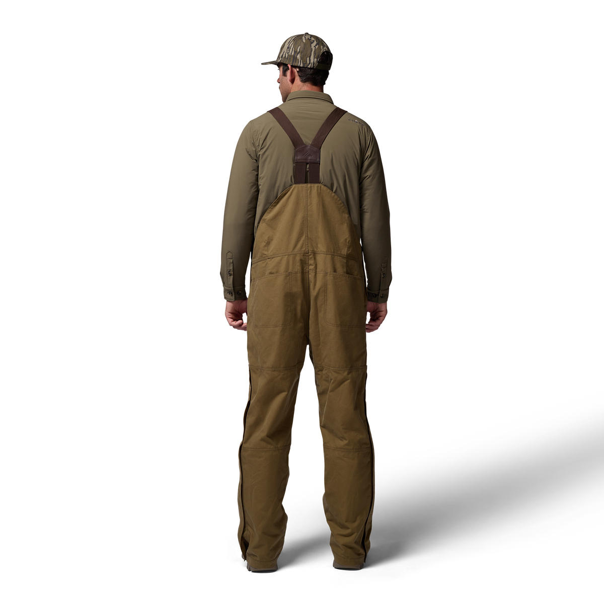 Founders' Reserve Waxed Bib in Field Khaki, on model #field_khaki