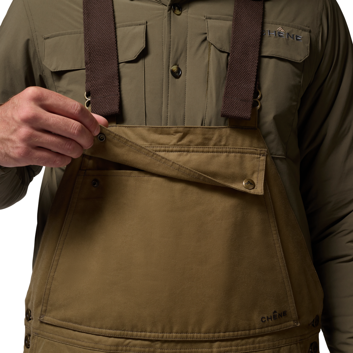 Founders' Reserve Waxed Bib in Field Khaki, on model #field_khaki