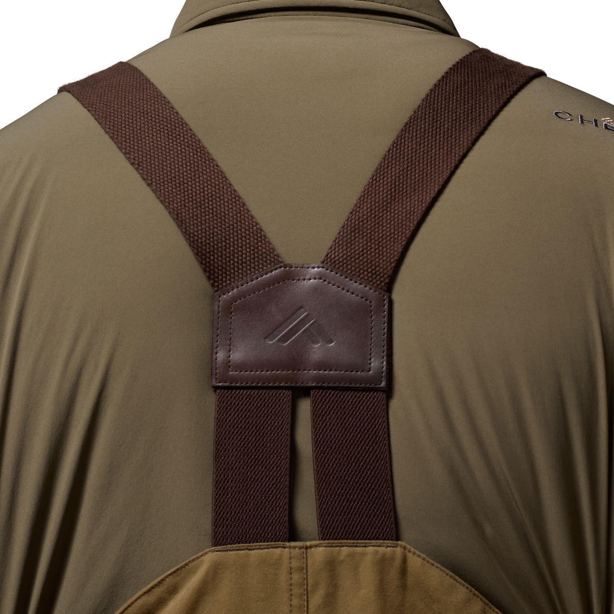 Founders' Reserve Waxed Bib in Field Khaki, on model #field_khaki