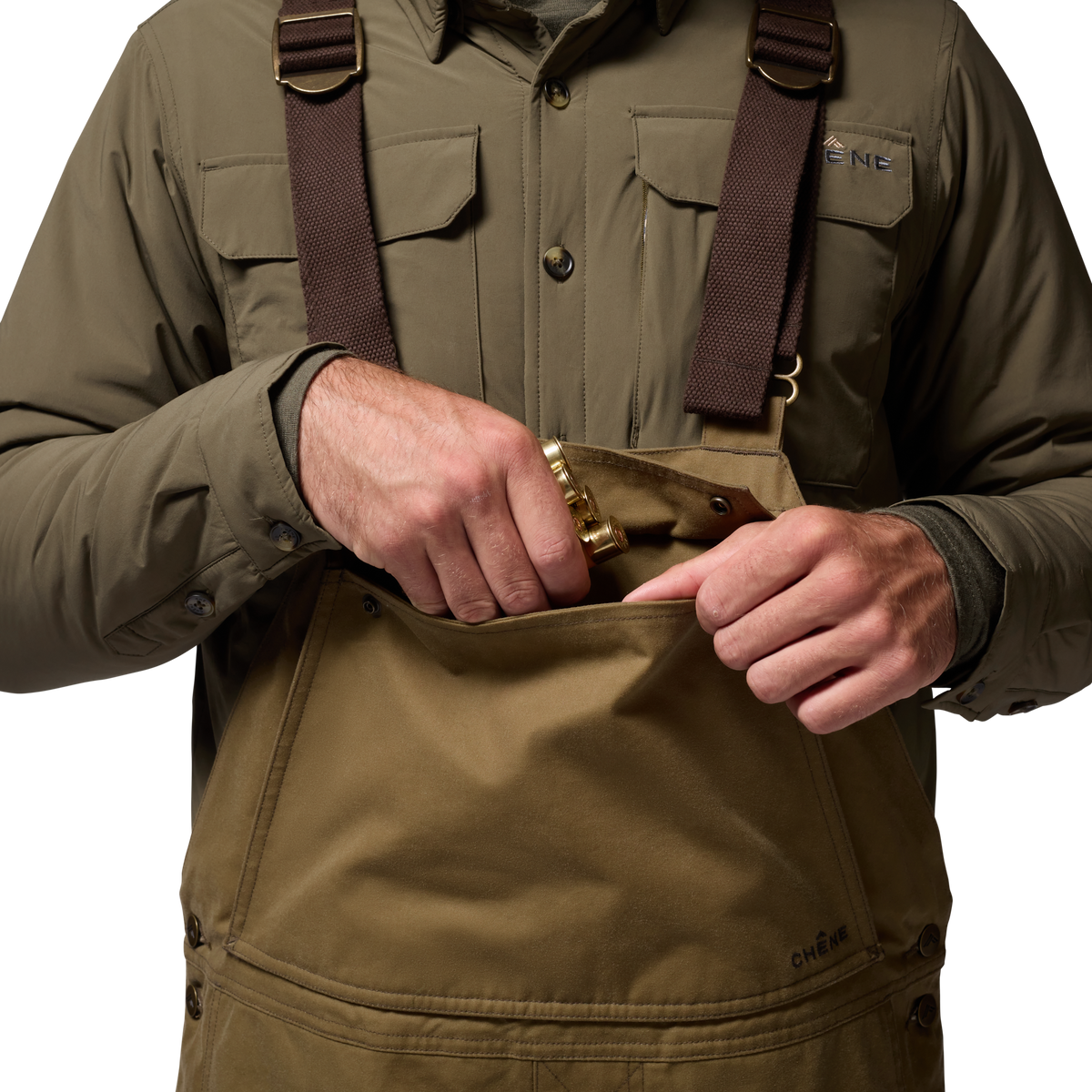 Founders' Reserve Waxed Bib in Field Khaki, on model #field_khaki
