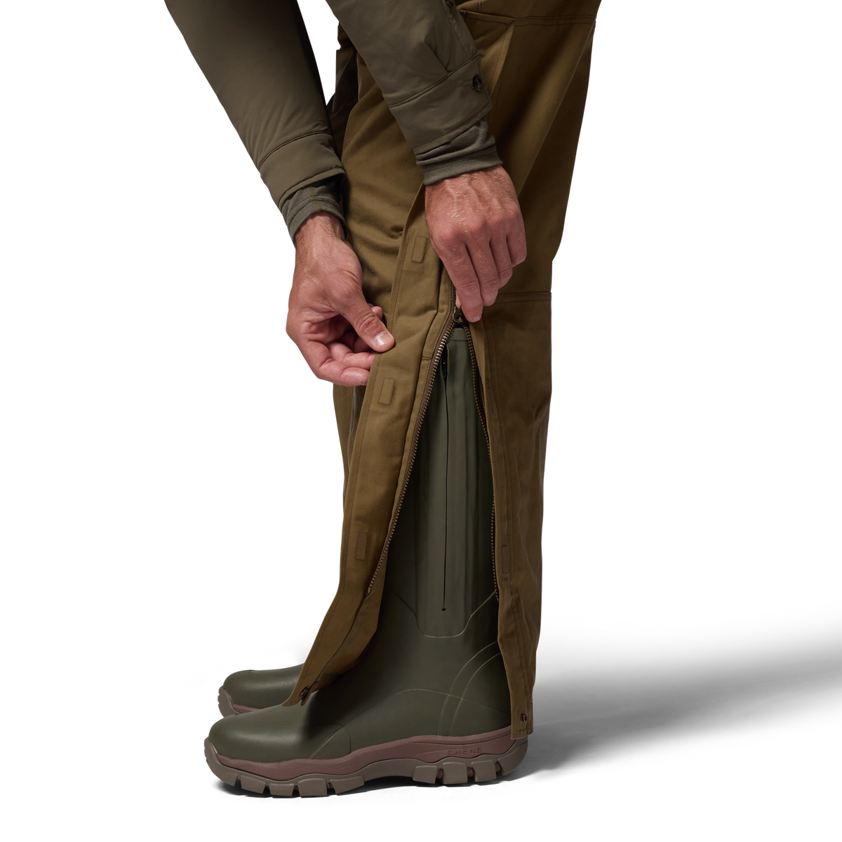 Founders' Reserve Waxed Bib in Field Khaki, on model #field_khaki