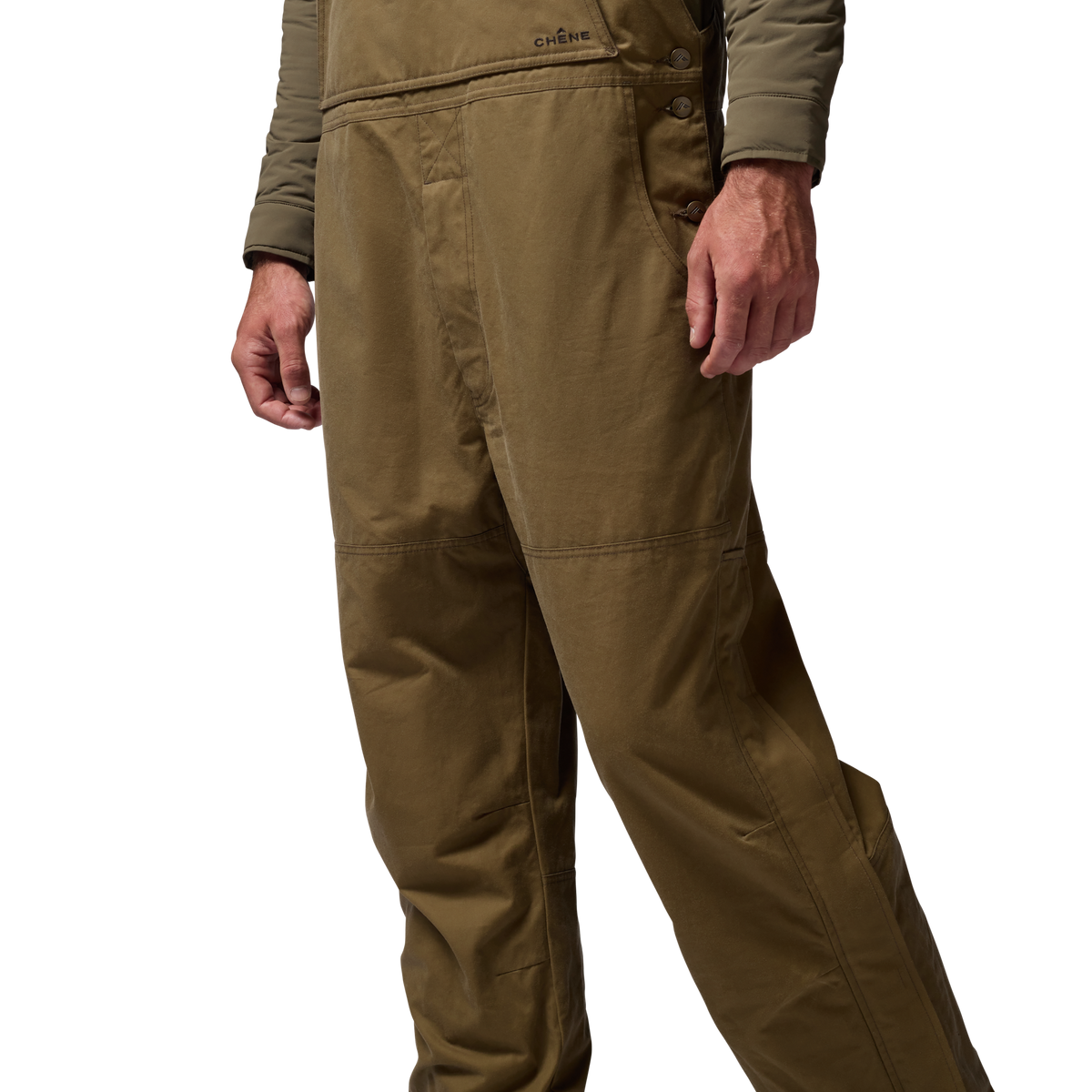 Founders' Reserve Waxed Bib in Field Khaki, on model #field_khaki