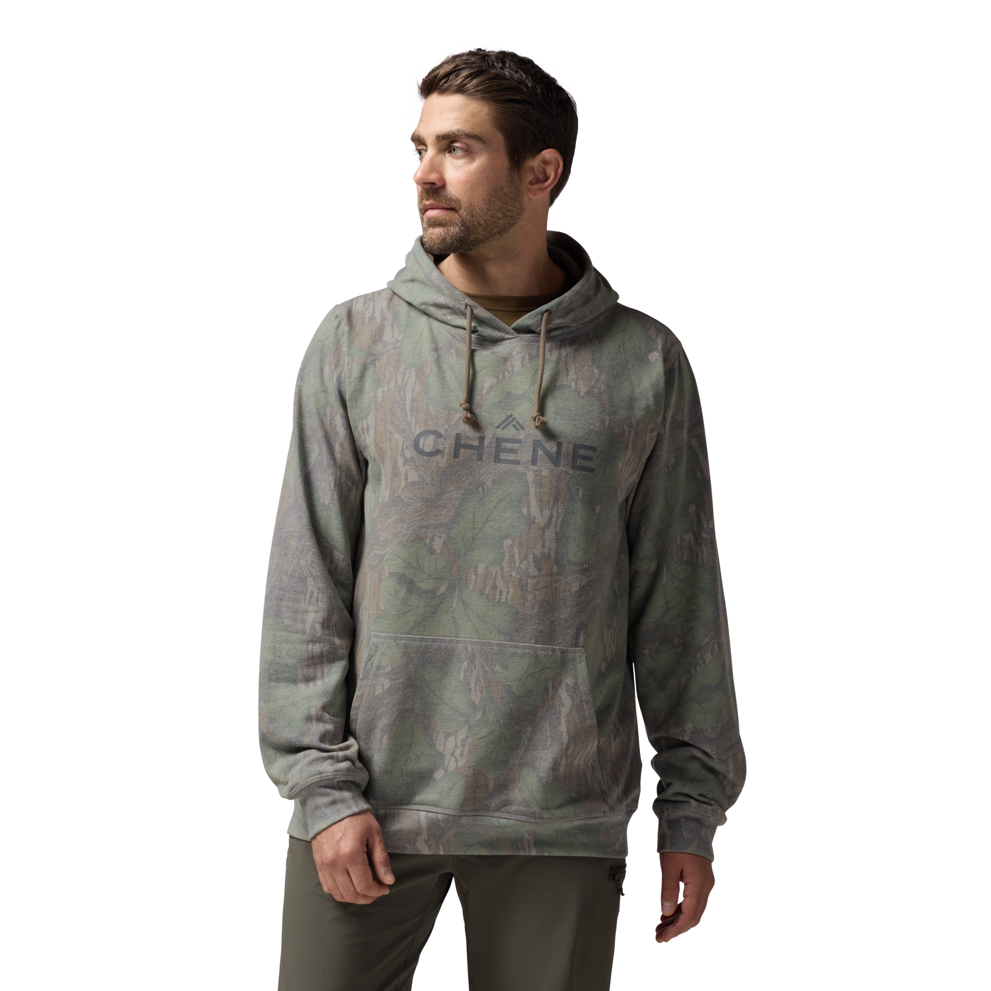Washed Out Camo Logo Hoodie in Mossy Oak Full Foliage, on model #mossy_oak_full_foliage