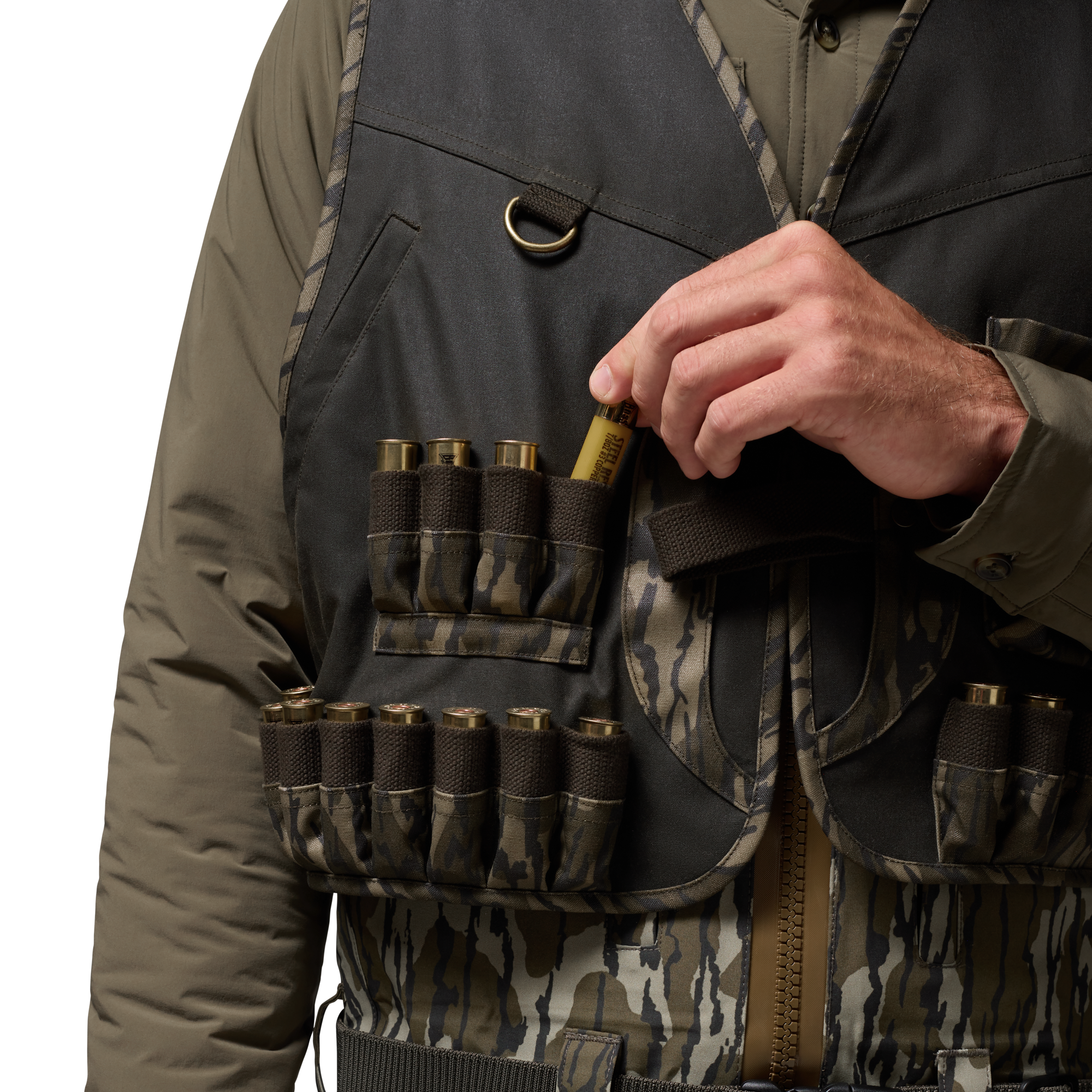 Waxed Canvas Wading Vest in Olive / Mossy Oak Original Bottomland, on model #olive_/_mossy_oak_original_bottomland