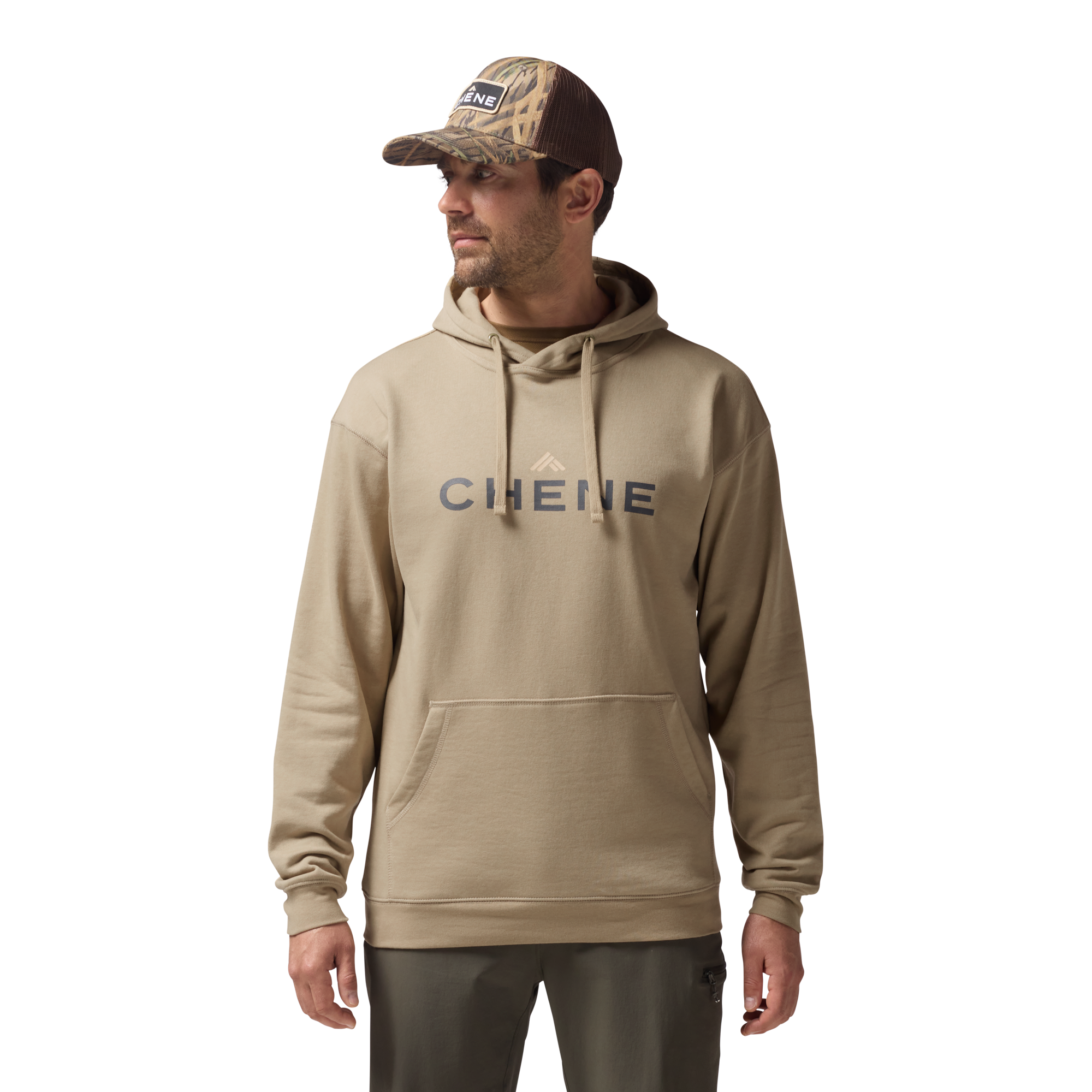 Leisure Hoodie in Heather Dark Khaki, on model #heather_dark_khaki