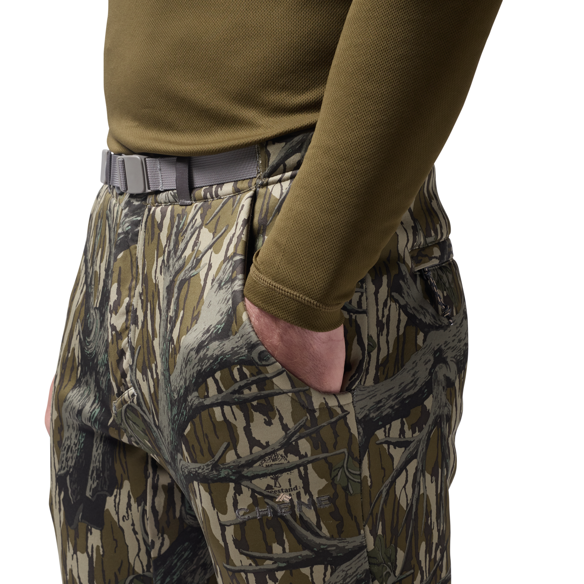 Sherpa Fleece Wader Pant in Mossy Oak Original Treestand, on model #mossy_oak_original_treestand