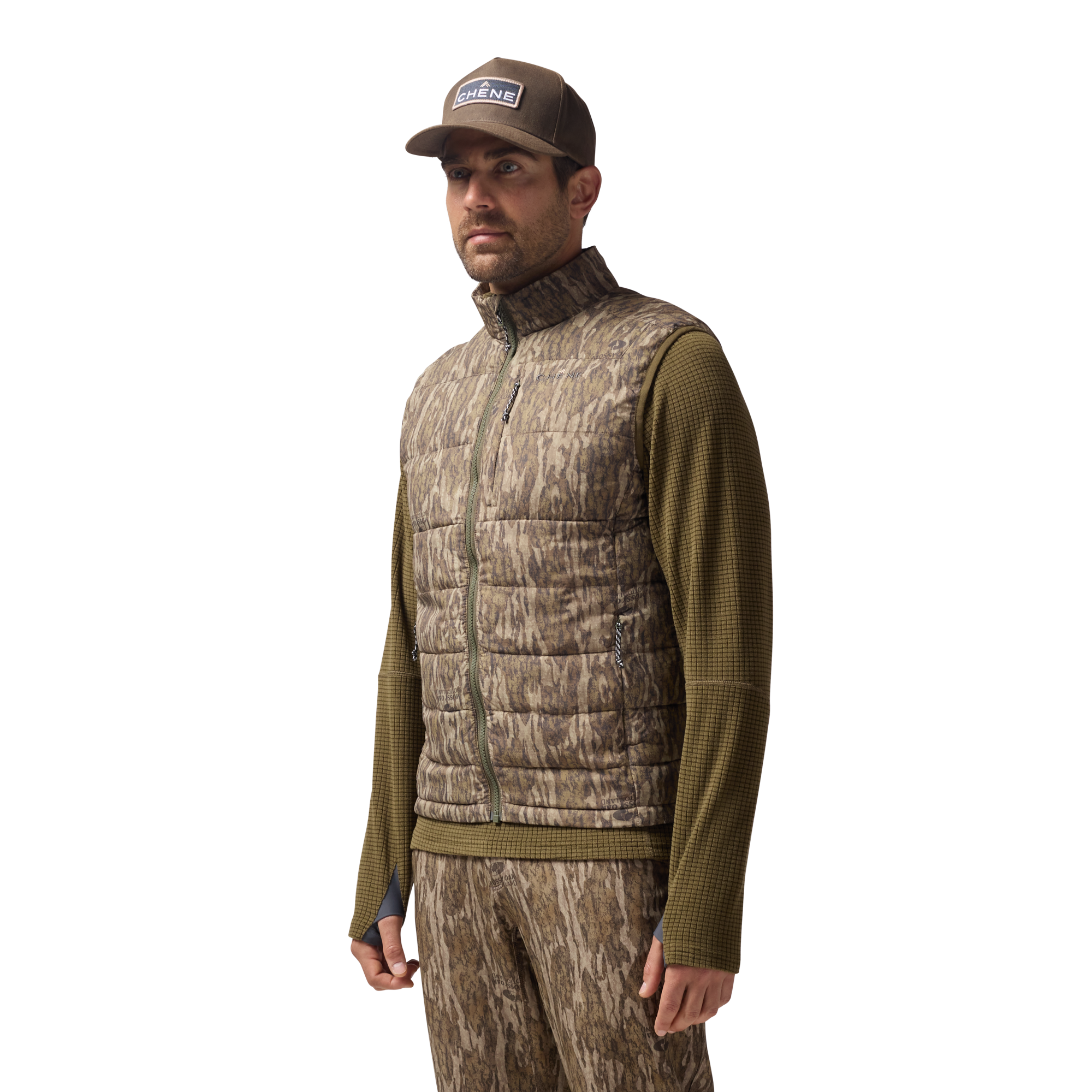 Flyweigh Vest in Mossy Oak Bottomland, on model #mossy_oak_bottomland