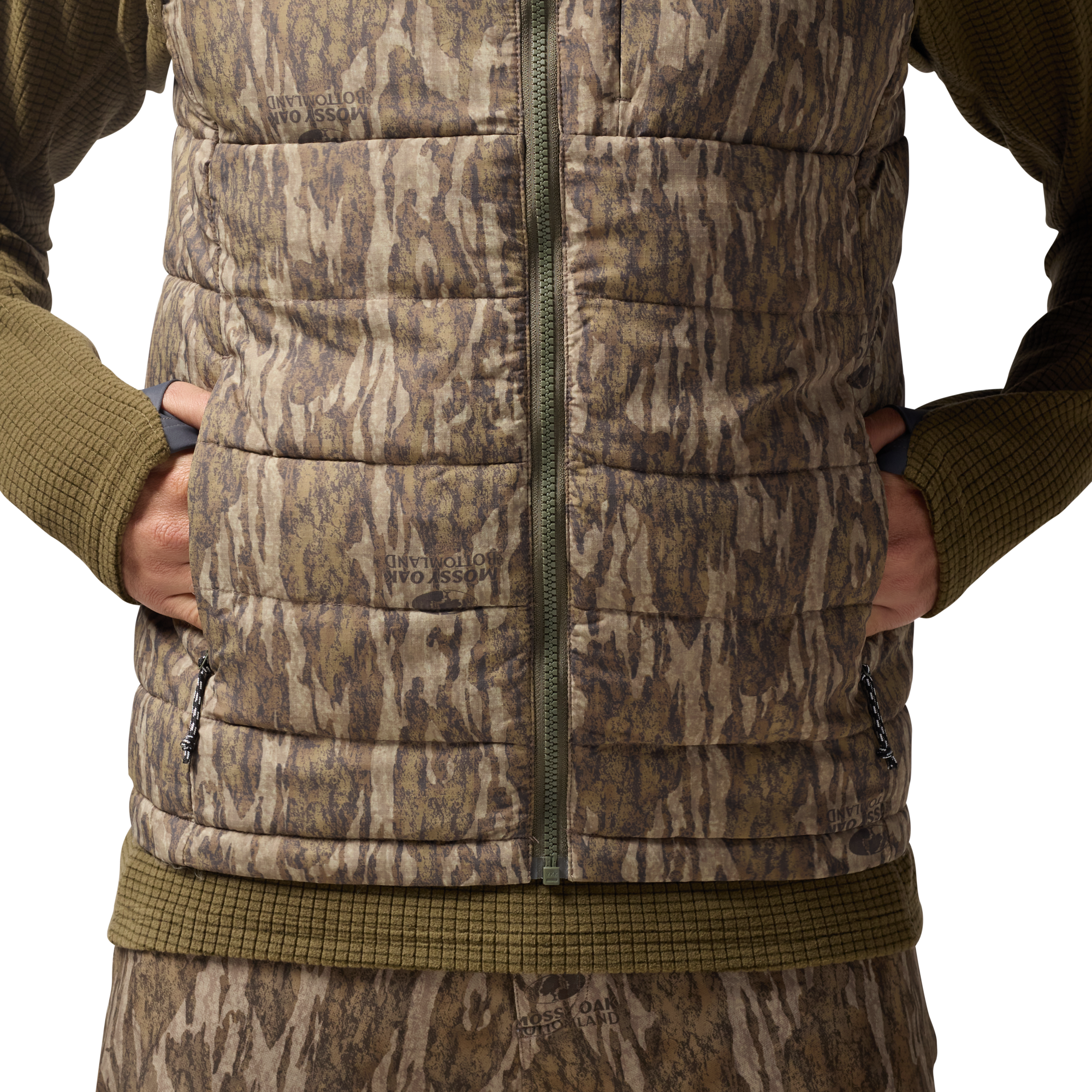 Flyweigh Vest in Mossy Oak Bottomland, on model #mossy_oak_bottomland