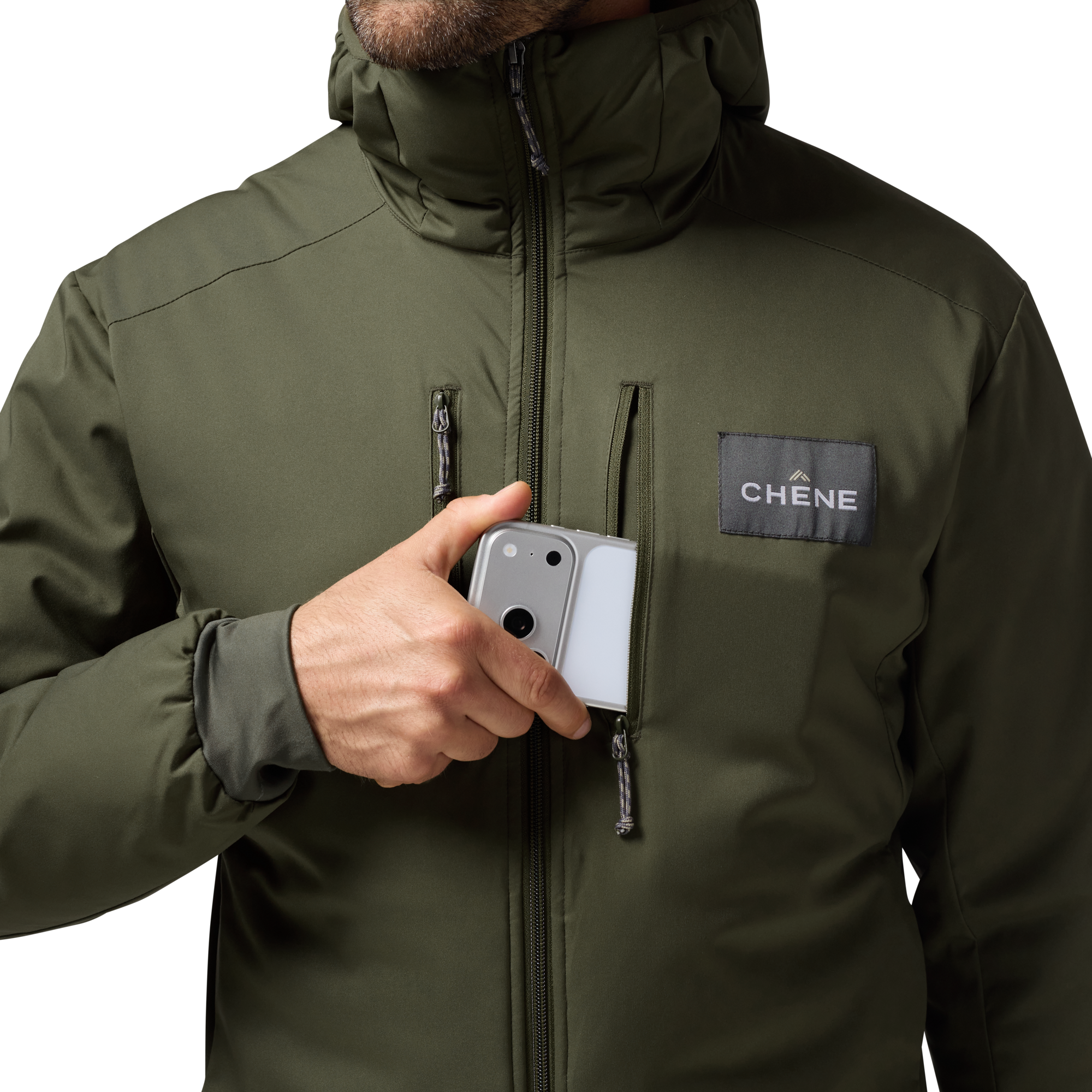 Flyweigh Jacket in Olive, on model #olive