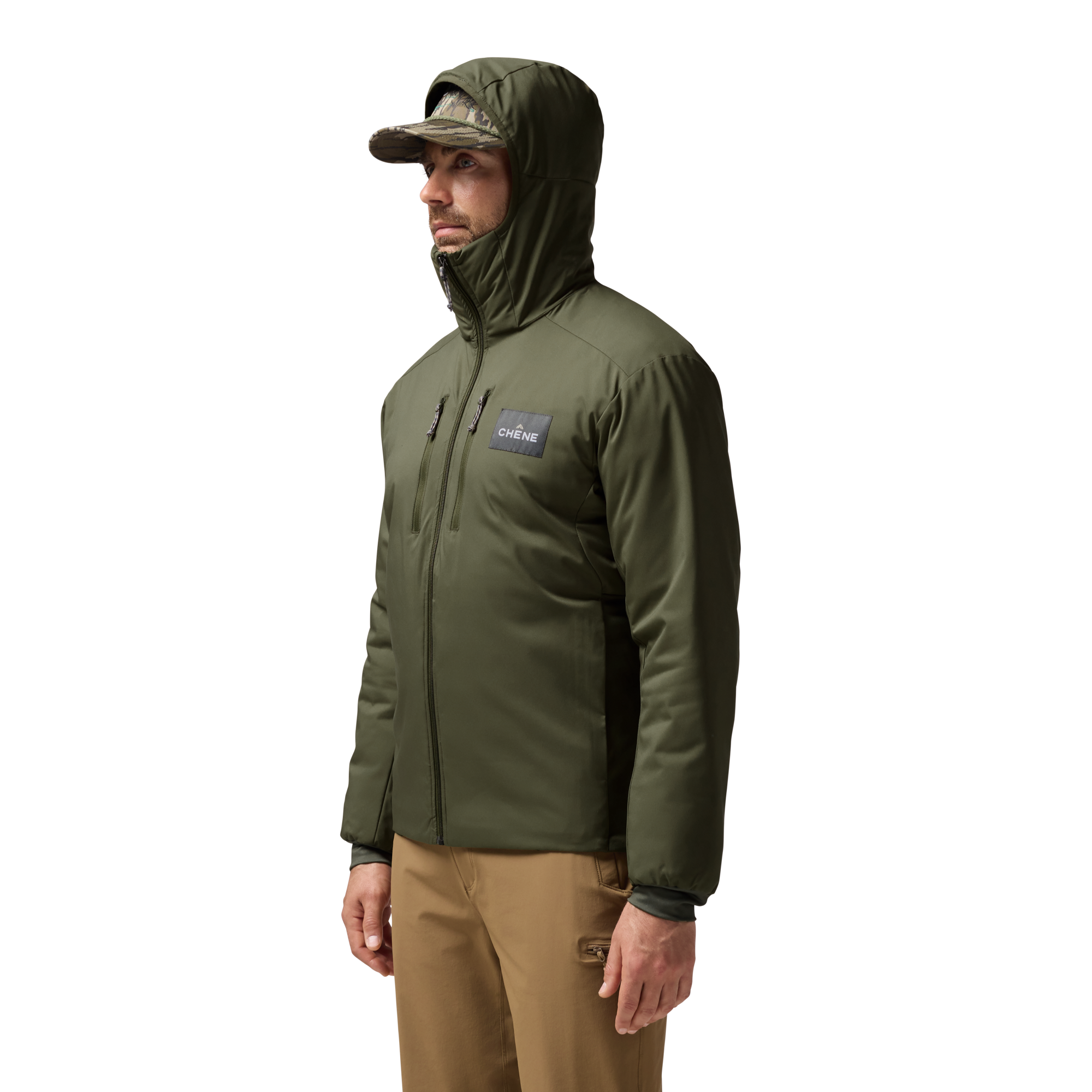 Flyweigh Jacket in Olive, on model #olive
