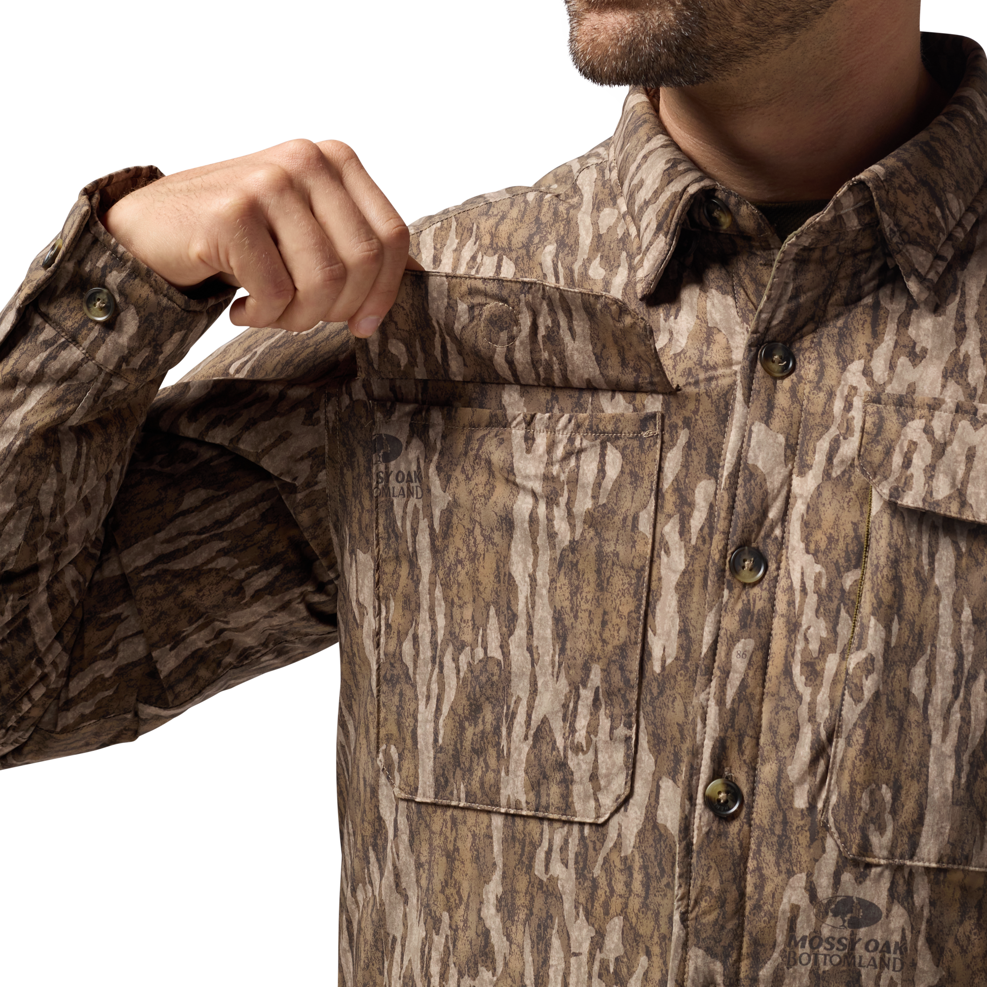 Flyweigh Jac-Shirt in Mossy Oak Bottomland, on model #mossy_oak_bottomland