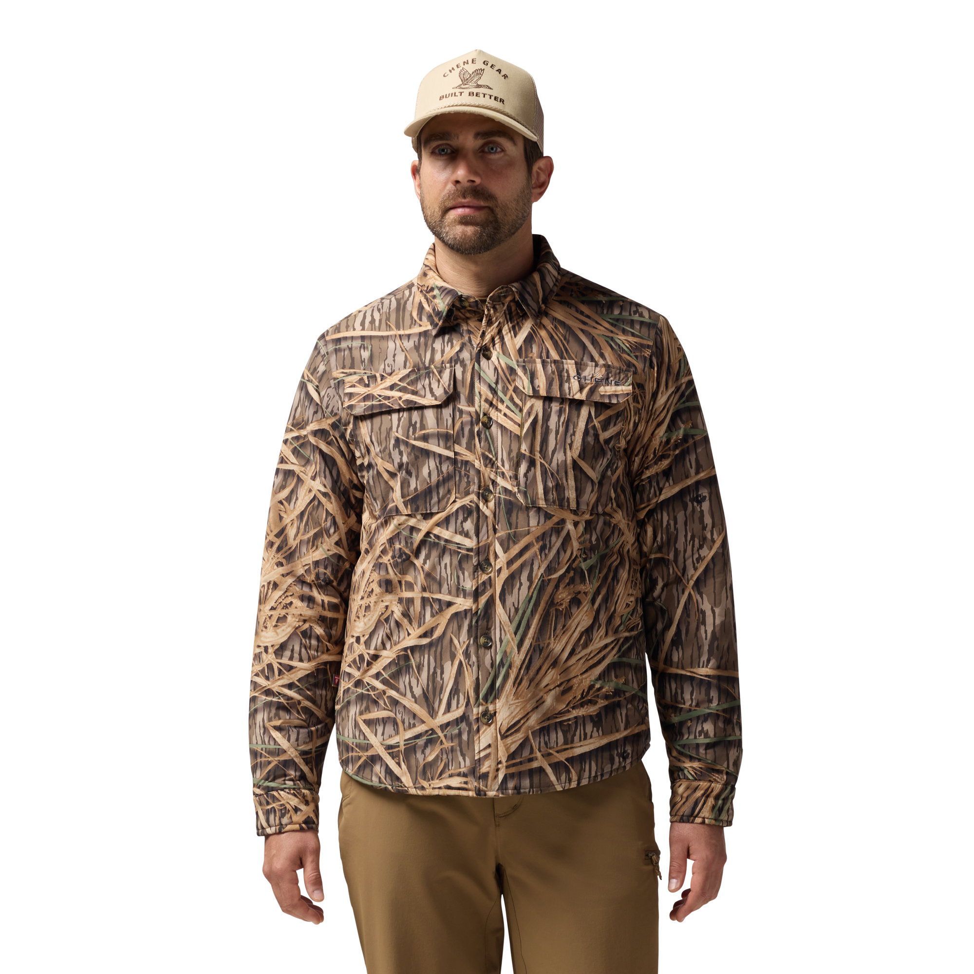 Flyweigh Jac-Shirt in Mossy Oak Original Shadow Grass, on model #mossy_oak_original_shadow_grass