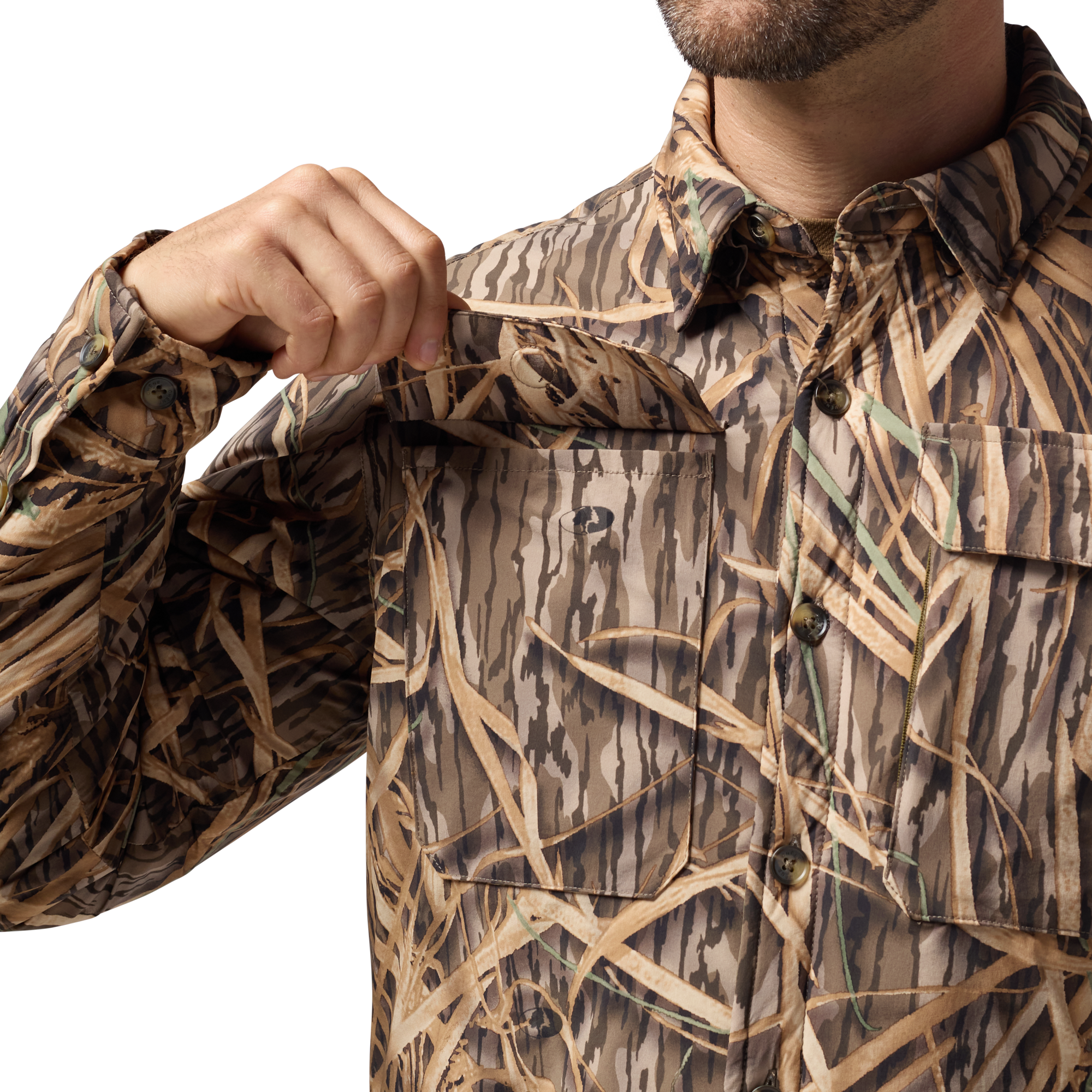 Flyweigh Jac-Shirt in Mossy Oak Original Shadow Grass, on model #mossy_oak_original_shadow_grass