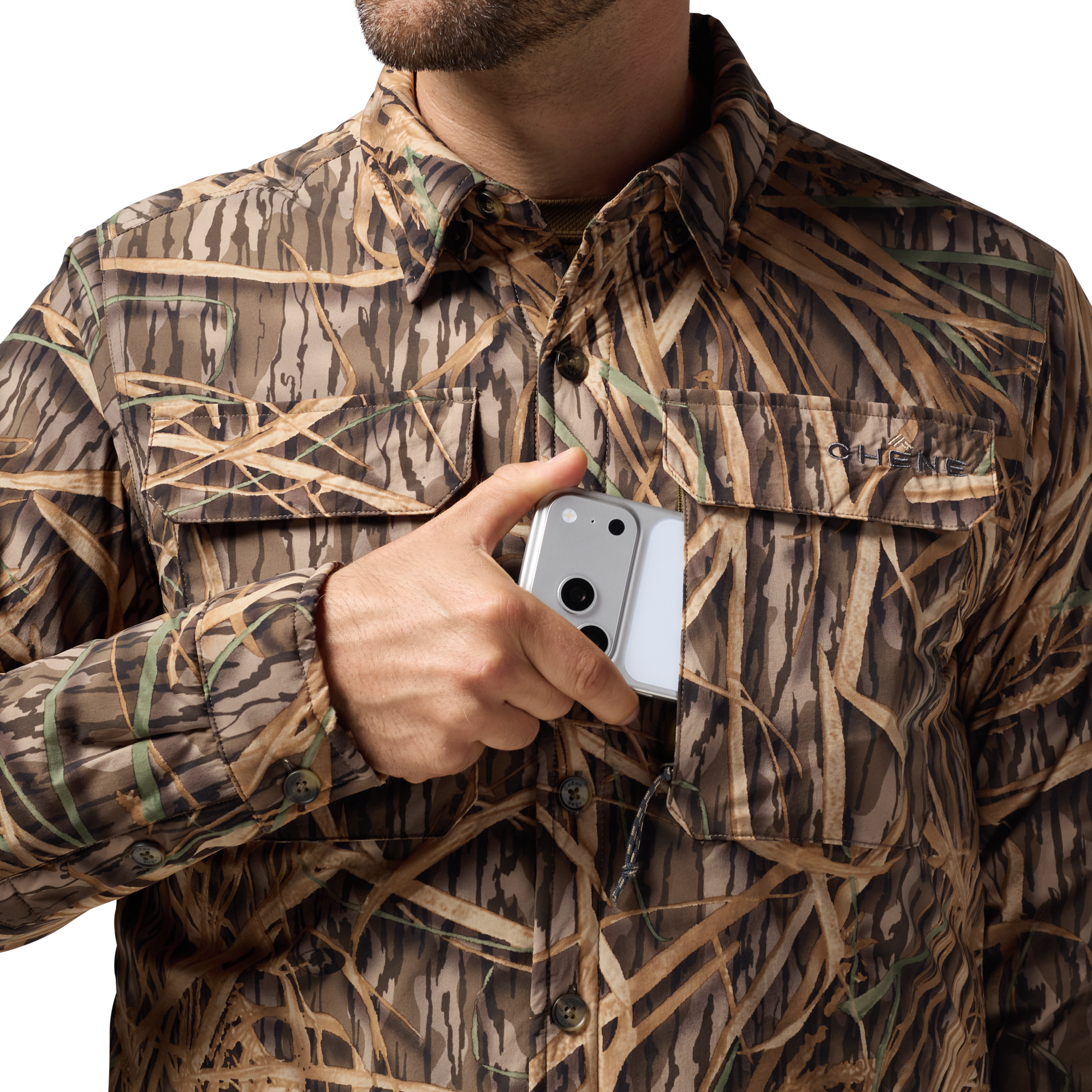 Flyweigh Jac-Shirt in Mossy Oak Original Shadow Grass, on model #mossy_oak_original_shadow_grass
