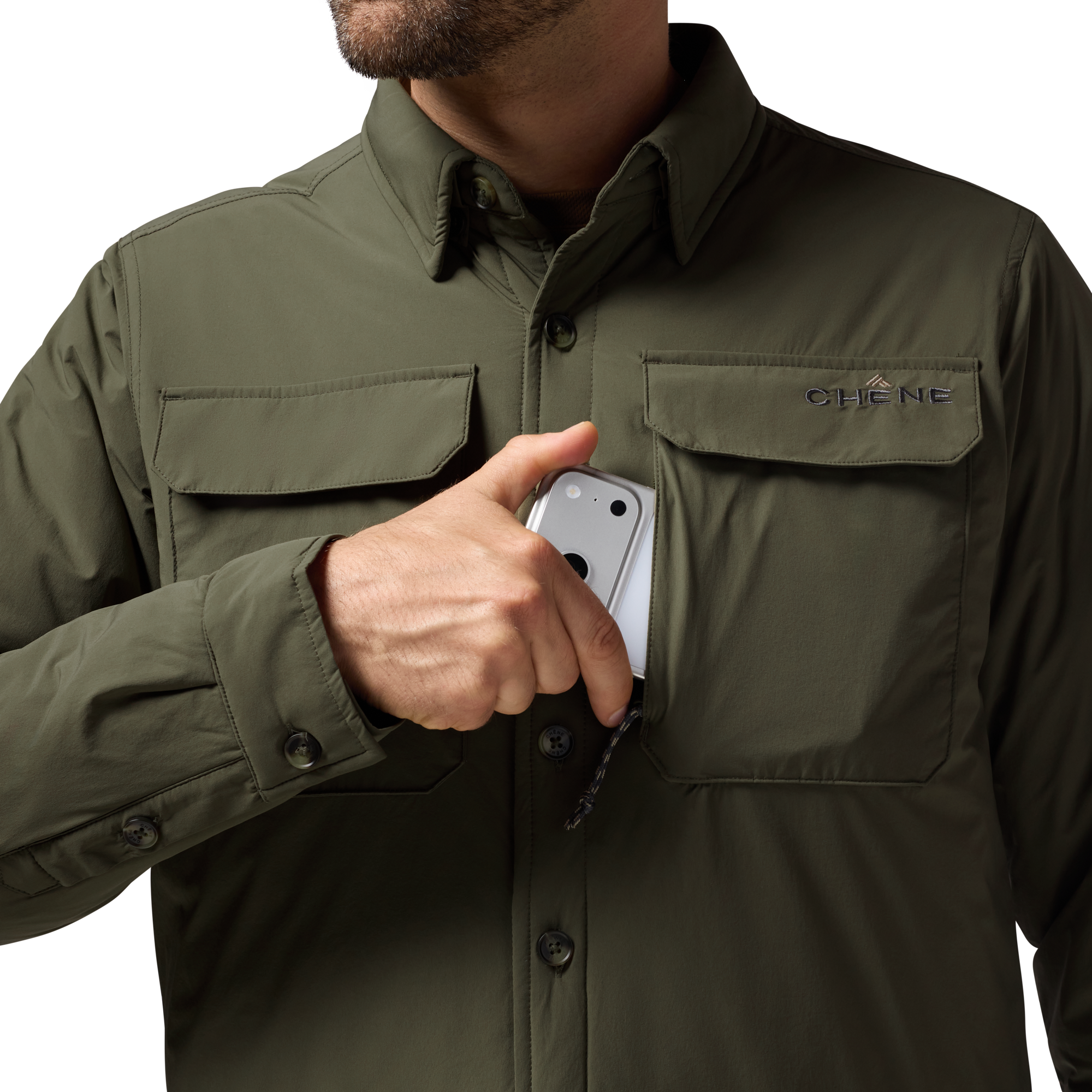 Flyweigh Jac-Shirt in Olive, on model #olive