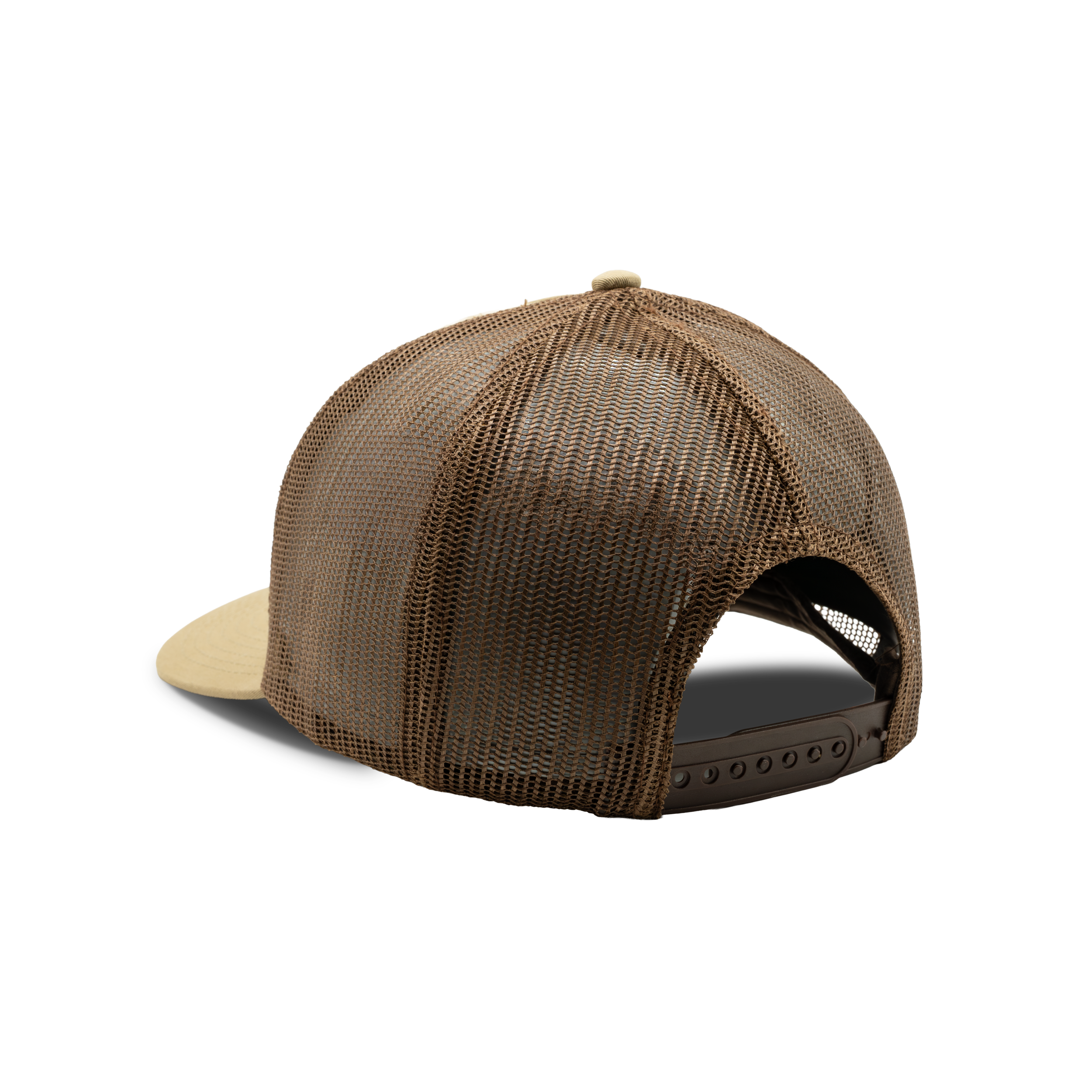 5-Panel Leather Patch Cap in Khaki / Coffee, back view #khaki_/_coffee