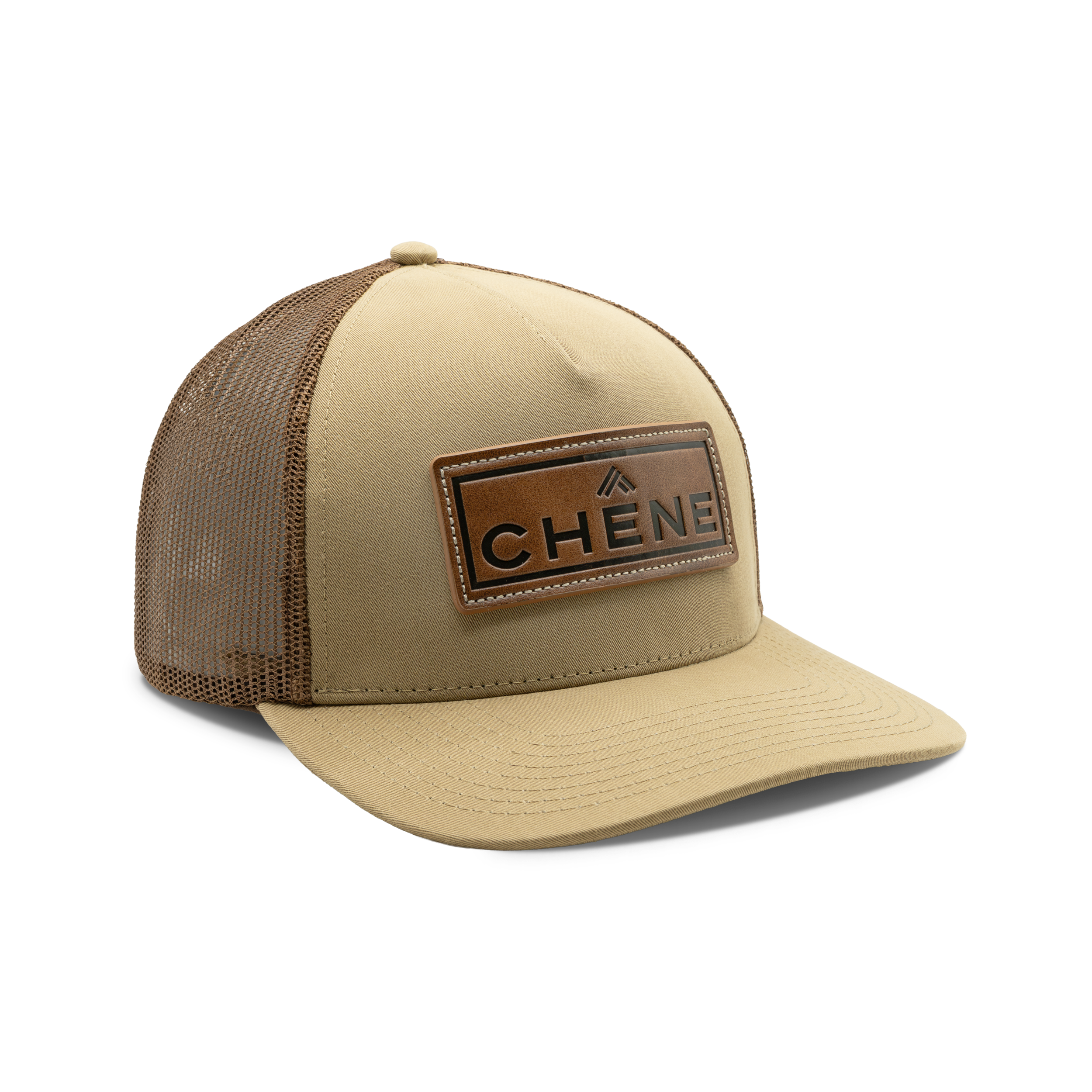 5-Panel Leather Patch Cap in Khaki / Coffee, front view #khaki_/_coffee