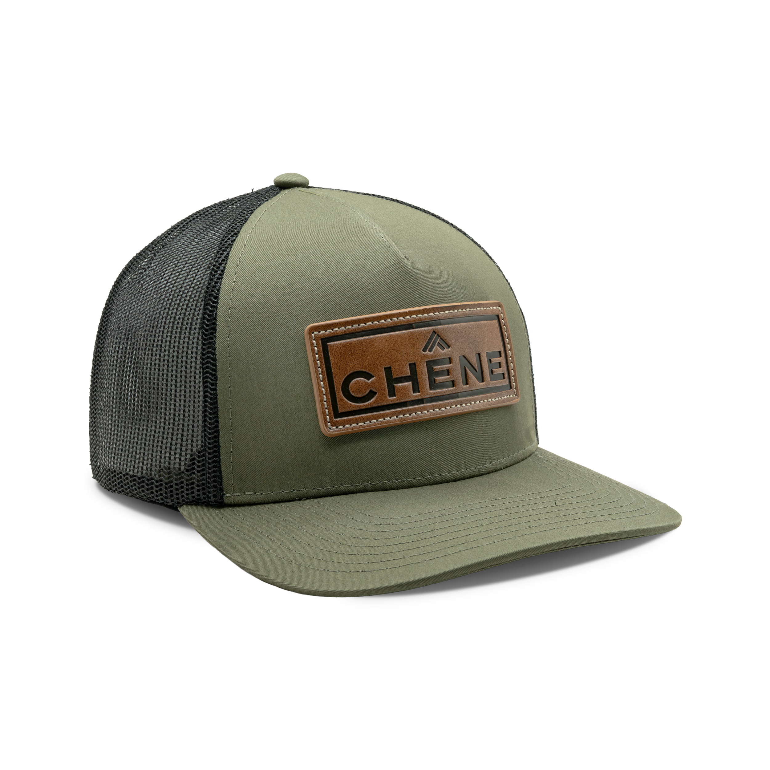5-Panel Leather Patch Cap in Loden / Black, front view #loden_/_black