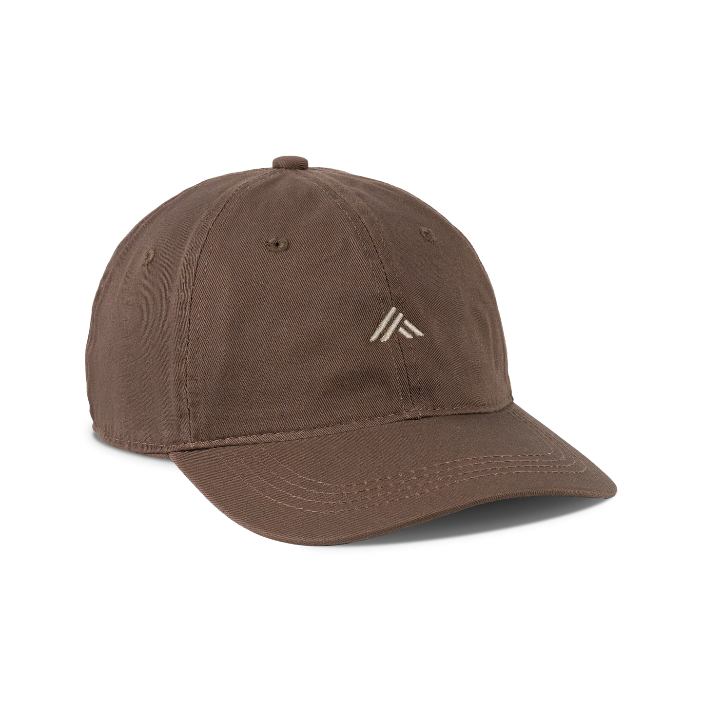 a brown baseball cap with a white logo