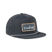a black hat with a white cord