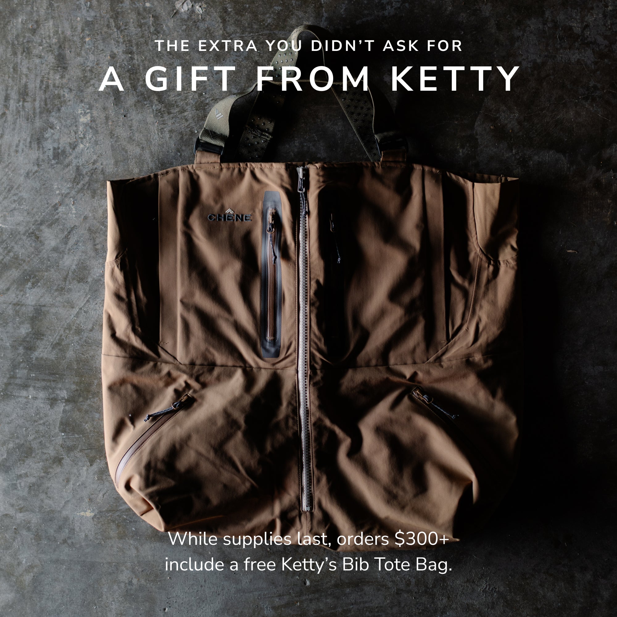 Brown tote bag laid down on the grown with promo messaging